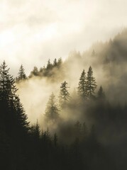 Fototapeta premium A foggy forest view displays dark old pine green alongside fresh new spring green