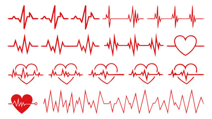 medical heartbeat pulse line graphics and heart rhythm patterns for healthcare design isolated on white background.