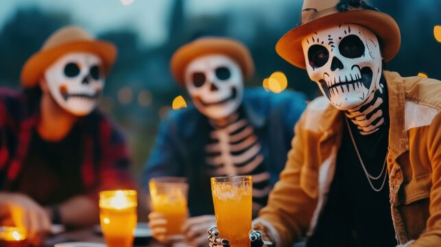 Celebrating day of the dead with skeleton costumes and drinks