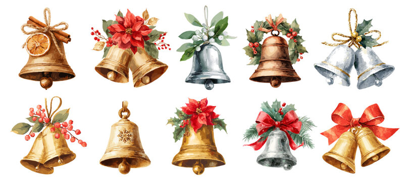 Golden and silver christmas bells. Watercolor bell decorated with bow, orange and cinnamon, holly wreath, mistletoe. Vector illustration