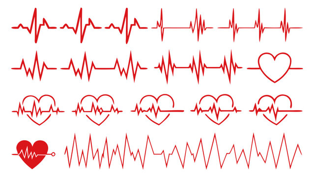 medical heartbeat pulse line graphics and heart rhythm patterns for healthcare design isolated on white background.