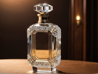 Opulent luxury defined: Art Deco style crystal-encrusted bottle with prism light effects, radiant among sparkling gems.