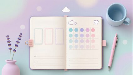 Creative workspace with pastel themes and stationery on display