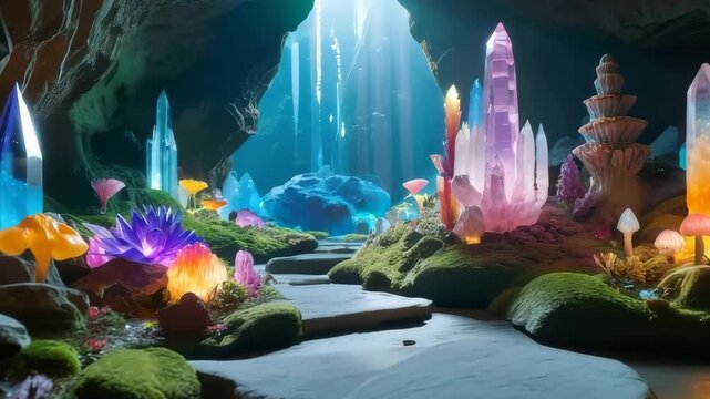 A beautiful, serene cave filled with a variety of colorful crystals and plants. The crystals come in a range of colors, including blue, green, and purple, and are scattered throughout the cave