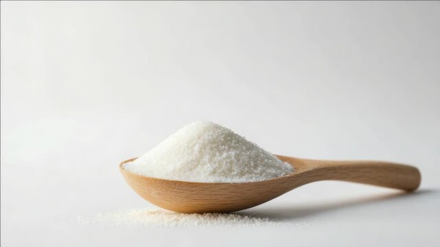 Close up of sugar particles in a wooden spoon, indicative of sweetness and healthful ingredients.