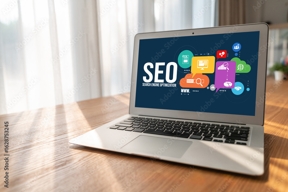 Poster seo search engine optimization for modish e-commerce and online retail business showing on computer 