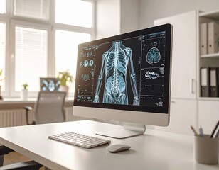 Medical imaging displayed on a computer monitor in a bright doctor's office setting.