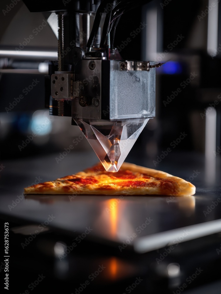 Poster closeup of a 3d printer creating a pizza slice