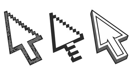 pixelated computer mouse cursor arrows 8-bit retro gaming pointer icons digital interface isolated on white background.