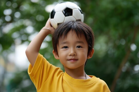 Asian child holding soccer ball bright yellow shirt outdoors