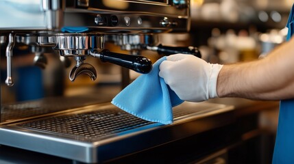 Barista cleaning an espresso machine in a busy cafe during morning hours