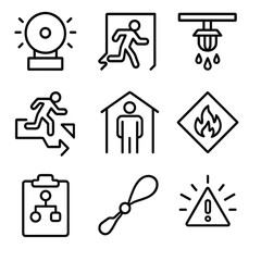Emergency Protocol Icons. Outline style icons of Emergency Protocol: alarm bell icon, evacuation sign, fire suppression system,