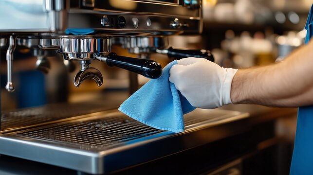 Barista cleaning an espresso machine in a busy cafe during morning hours