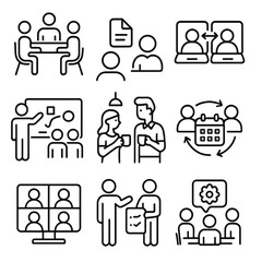 Office Collaboration Icons. Outline style icons of Office Collaboration: people at meeting table, document sharing, laptop