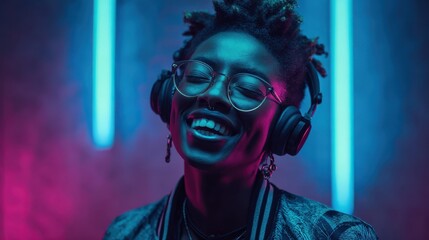 happy cool fashion funky african young black hipster lady wears trendy glasses headphones listening dance pop dj music standing in neon night club light at style party translation chicken laugh no lo