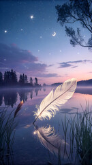 Glowing Feather Over Lake at Dusk – Calm and Magical Concept