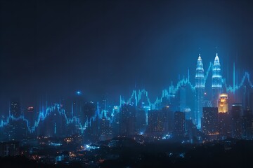 Obraz premium Kuala Lumpur skyline with stock market chart overlay in the night
