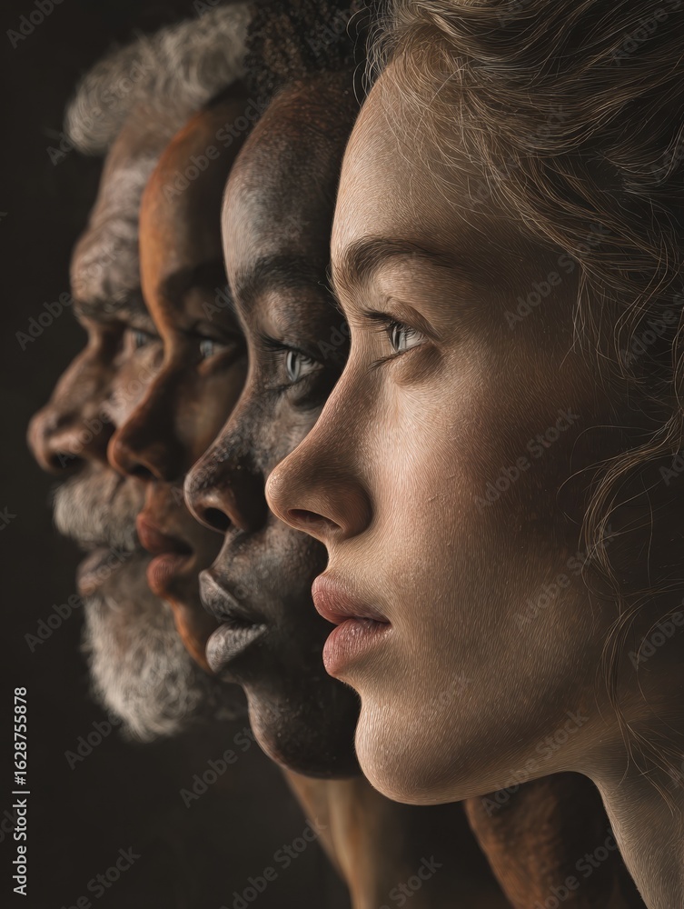 Aufkleber diverse faces unified vision five individuals from various ethnicities stand in profile their gazes 