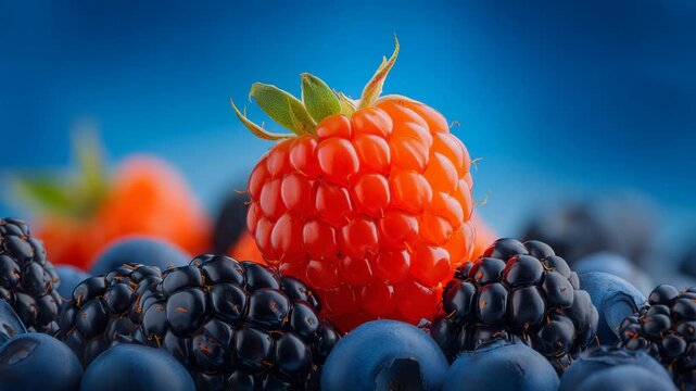 Close-up of fresh berries. Orange raspberries surrounded by dark blackberries and blueberries. Colorful and appetizing background for culinary projects, advertising and healthy eating.