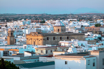 An aerial view of Chiclana de la Frontera, with the Iglesia Mayor (Main Church), the Parish of San Juan Bautista, in the center of the image. Cadiz Province, Andalusia, Spain.