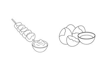 Skewered meatballs with sauce and cracked eggs dipping sauce
