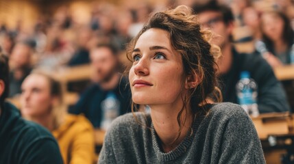 students in a lecture with one woman looking up in college no logos no brands ar 169