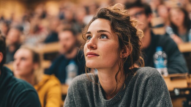 students in a lecture with one woman looking up in college no logos no brands ar 169