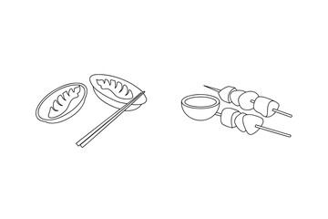 Dumplings and skewers with dipping sauce chopsticks