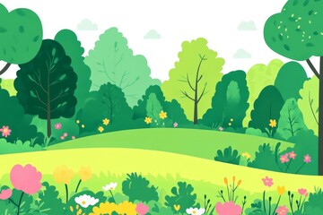 Obraz premium Illustration of a forest landscape with lush grass and a plethora of trees, inspired by nature and created in a modern style
