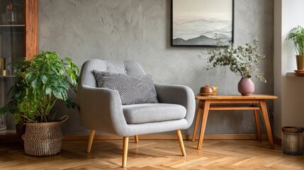grey armchair next to a wooden table in living room interior with plant and poster no logos no brands ar 169