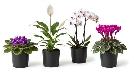 Four potted flowering plants isolated on white background