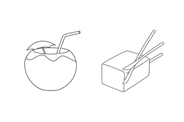 Coconut drink with straw and chopsticks with block