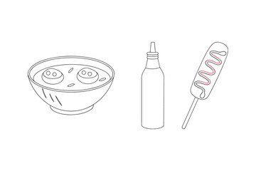 Bowl of soup with eggs bottle and corn dog vector