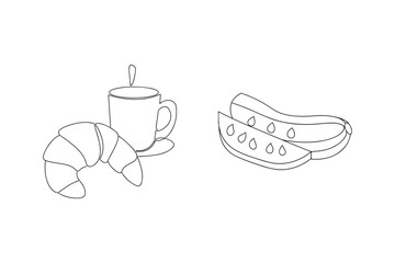 Croissant coffee and watermelon slices coffee cup saucer