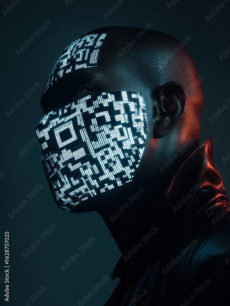 Poster futuristic digital identity man with glowing qr code mask in cyberpunk style