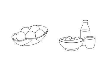 Round food items in bowls with bottle drink