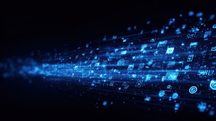 digital blue background image with technology symbols no logos no brands ar 169