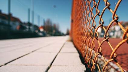 Rusty chain-link fence along a paved walkway