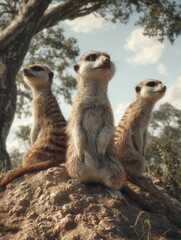 Fototapeta premium three meerkats atop a dirt mound surrounded by trees in the background