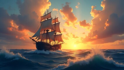 Majestic tall ship sails through dramatic fiery sunset over turbulent ocean waves