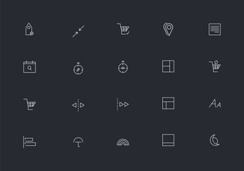 Collection of white minimalist icons representing various business and office functions on a dark background bundle 12