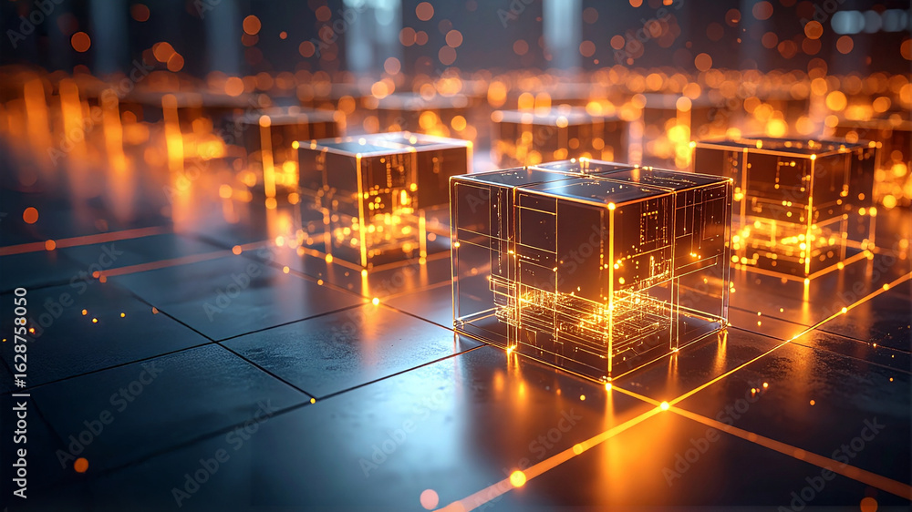 Aufkleber close-up view of several translucent data cubes with intricate glowing orange lines inside, arranged