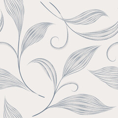 Seamless pattern with flourish leaves. Floral summer nature swirl line decorative texture. 