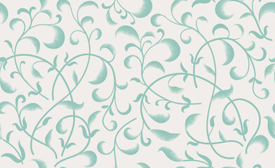 Seamless pattern with branches of flowers and leaves. Flourish summer nature swirl line decorative texture. Vector flourish artistic illustration in retro graphic style