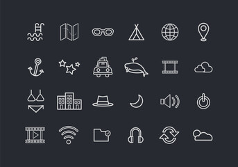 Collection of white minimalist icons representing various business and office functions on a dark background bundle 22