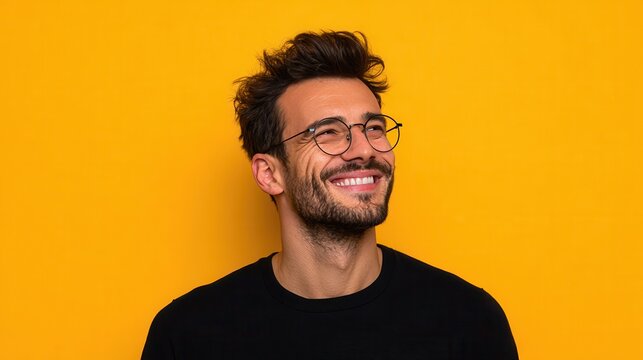 portrait of handsome dark haired man smiles toothily feels glad wears round spectacles and casual black t shirt expresses positive emotions isolated over yellow background happiness concept no logos 
