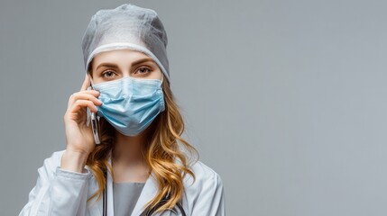 health medicine and pandemic concept  young female doctor or nurse wearing face protective mask for protection from virus disease and hat calling to keep your distance over grey background no logos n