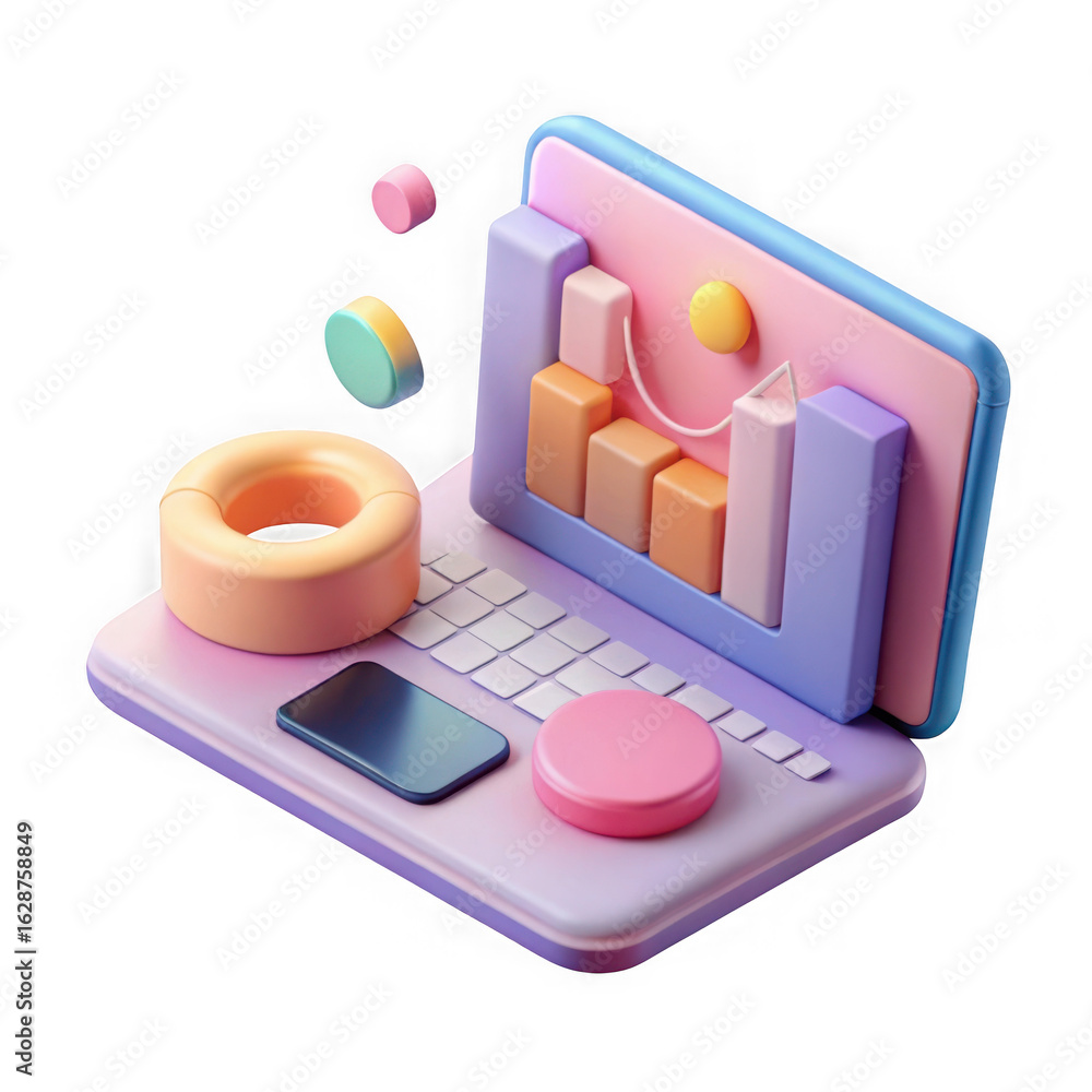 Poster stylized 3d laptop with floating donut and abstract shapes isolated on transparent background