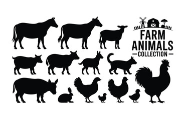 Farm animals collection silhouettes with barn and windmill