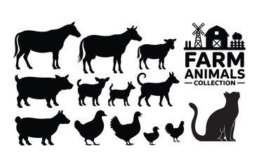Farm Animals Silhouettes with Barn and Windmill Keywords: farm animals, silhouette, horse, cow
